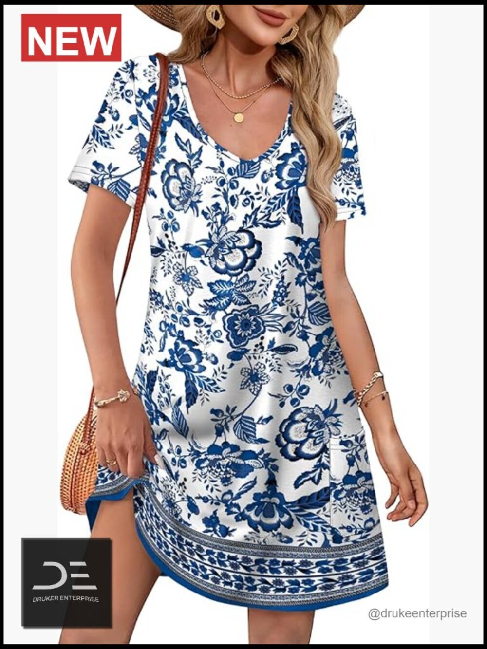 Loose V-Neck Short Sleeve T-Shirt Dress with Pockets